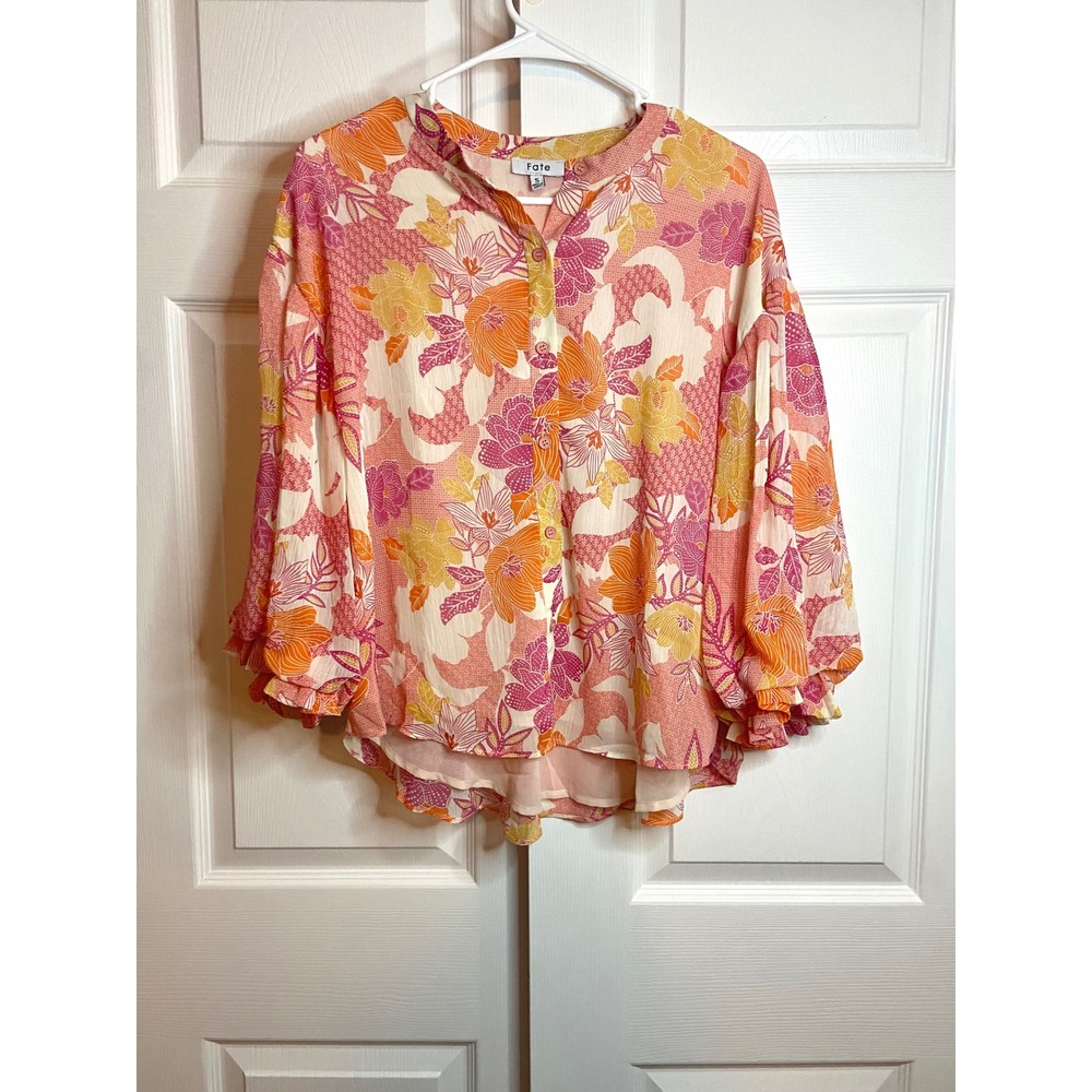 Fate Floral Balloon Sleeve Button Down Blouse Pink Orange Yellow Boho Small